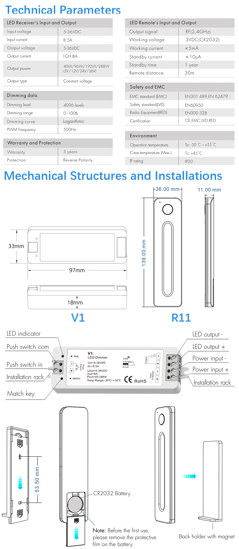 LED Dimmer 12V 5V 24V 36V 8A PWM Wireless RF Switch with 2.4G brightness adjustment touch Remote for Led Single Color strip