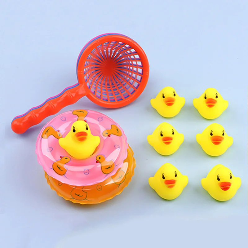 

Rubber Ducks With Net Bath Time Fun Toys Bath Toy Animals Swimming Water Toys Squeeze Sound Funny Gift For Baby Kids