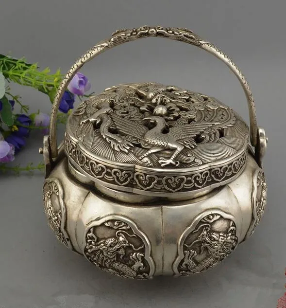

China collection archaize white copper nine dragon Incense burner
