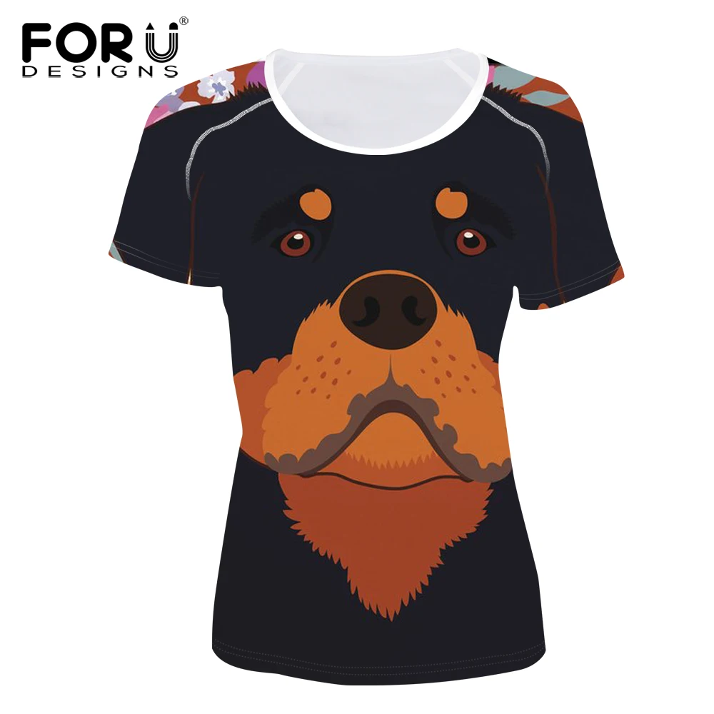 

FORUDESIGNS T Shirt Women Rottweiler Dog Portrait Printing Tops Teenagers Flower Pattern T-shirt for Girls Kawaii Tees Clothing