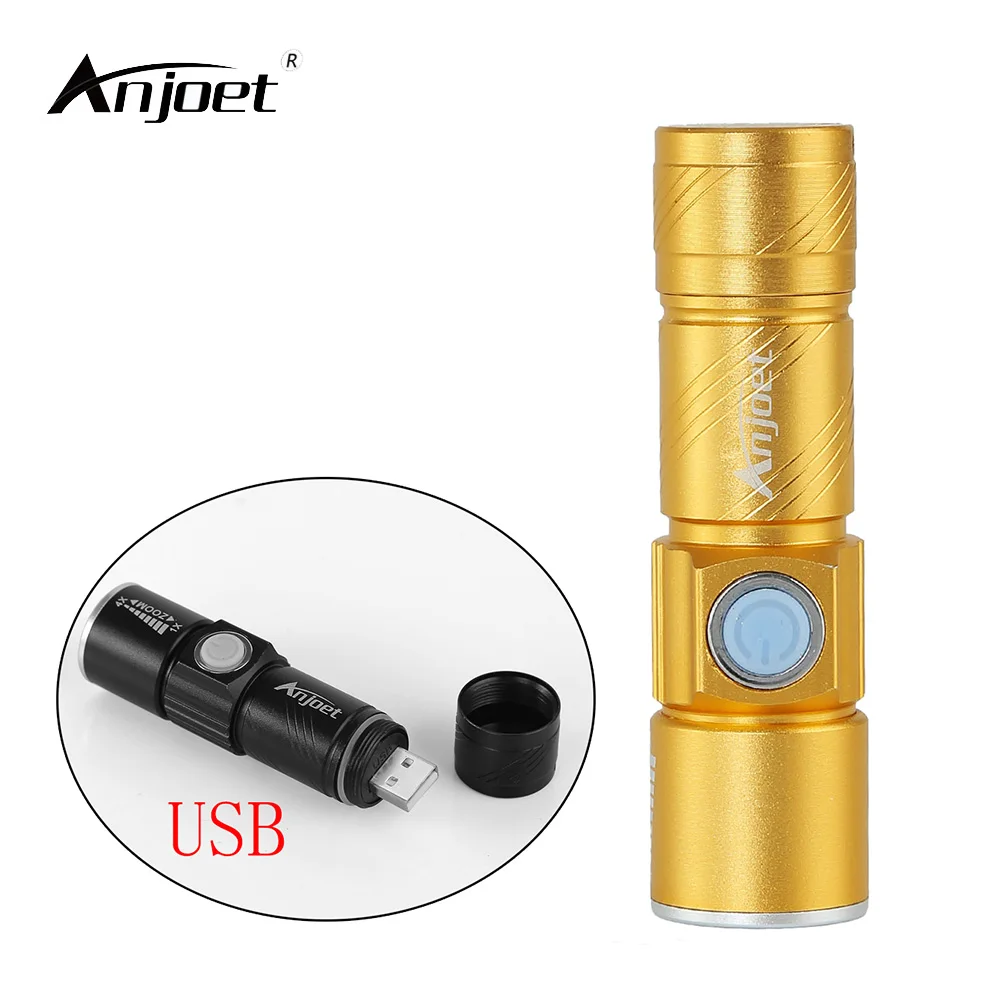

ANJOET Mini Zoomable Flashlight 5W 500LM Q5 LED 3 Modes ZOOM Torchs USB Rechargeable Lithium Battery for camping adventure