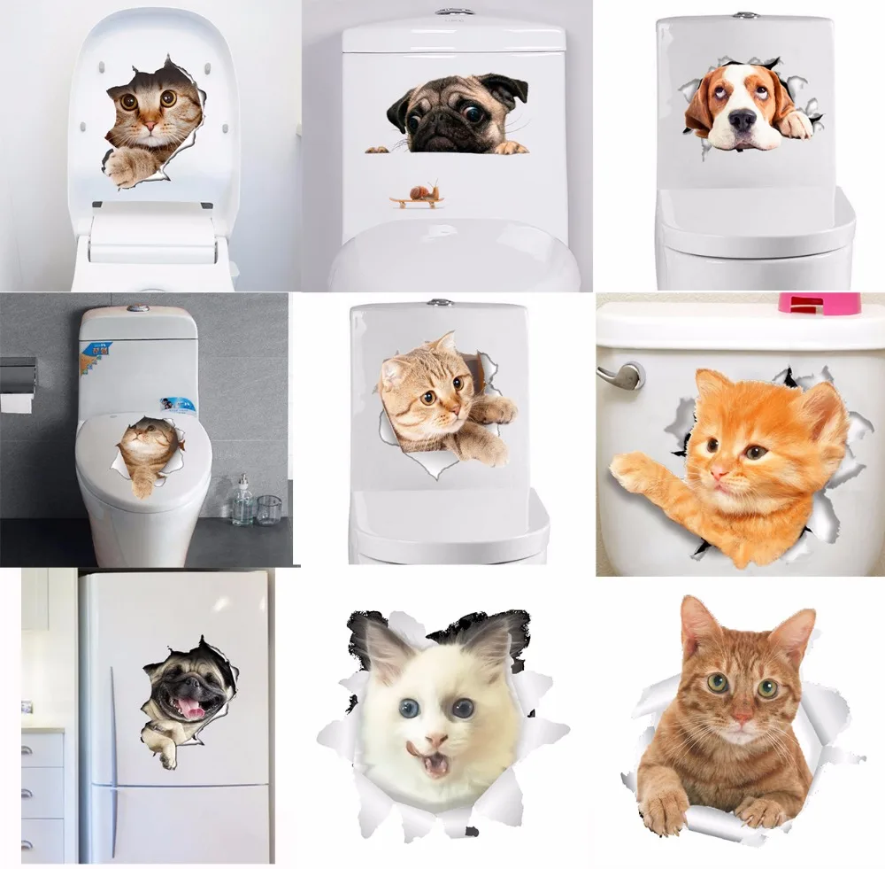 Милые наклейки для туалета с кошкой и собакой украшение дома забавный мультфильм