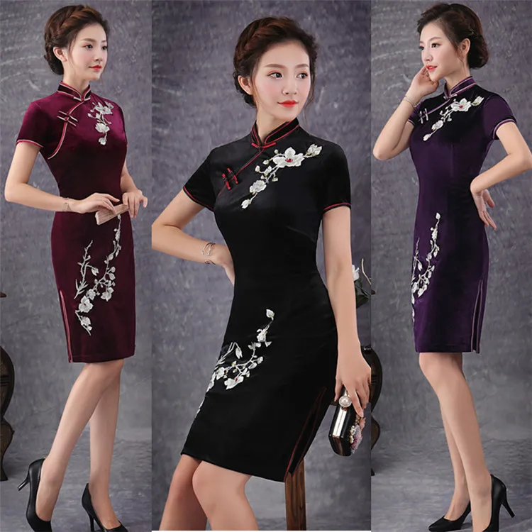 Китайский женский Qipao по колено Cheongsam Для женщин традиционный бархат вечернее