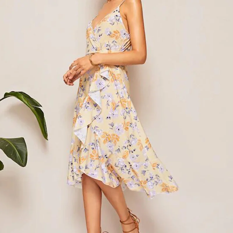 2019 Для женщин Летнее БЕЗРУКАВНОЕ свободное пляжное Спагетти ремень печати миди