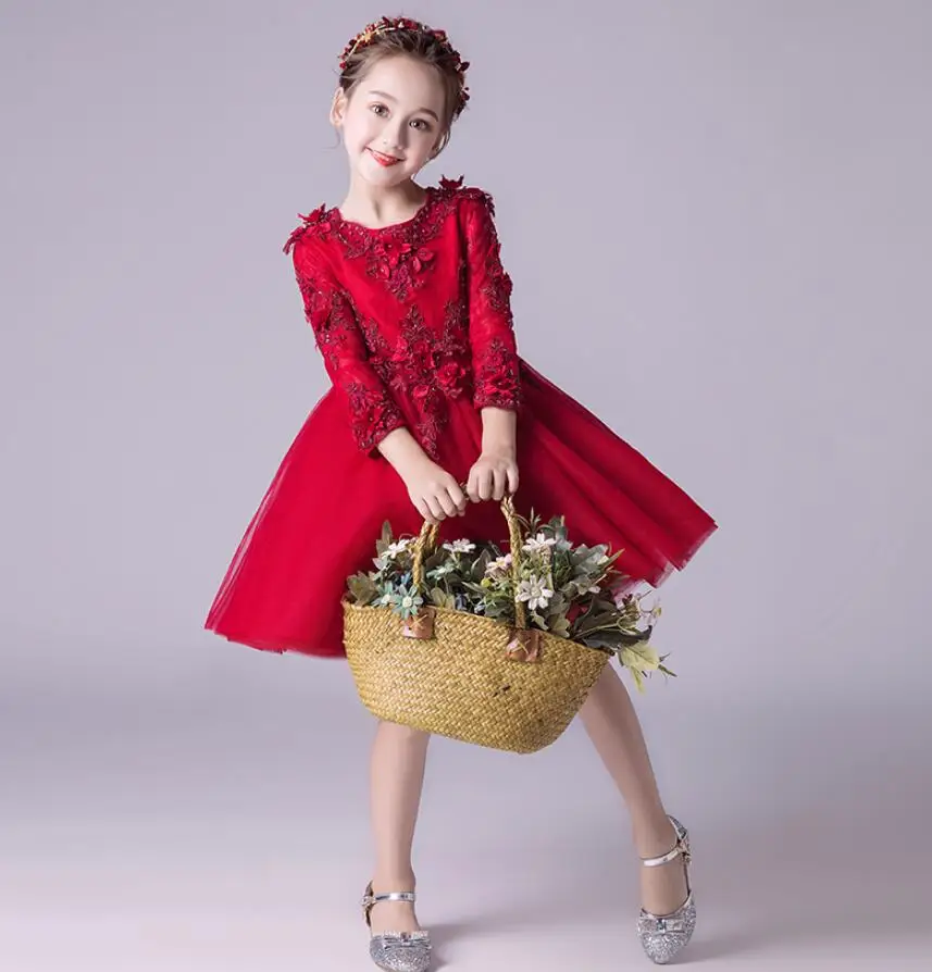 Kids Girl Dress Red Tulle Appliques Flower Party Ball Gown Prom Long Sleeve Kid Princess Wedding First Communion | Детская одежда и