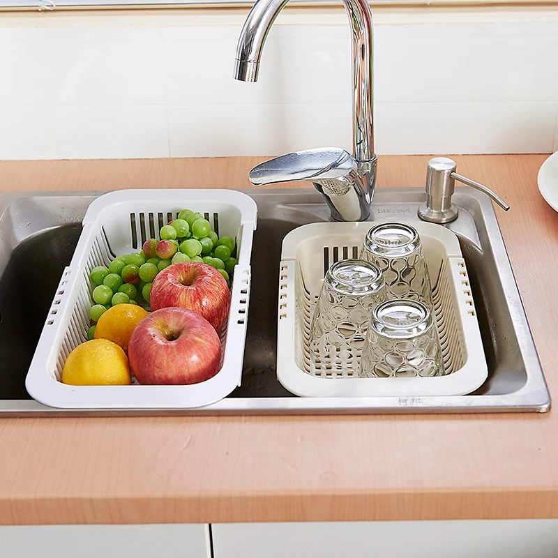 Kitchen Plastic Storage Can Retractable Sink Drain Shelf Hollow Out Rack Fruit Vegetable Cleaning Basket | Дом и сад