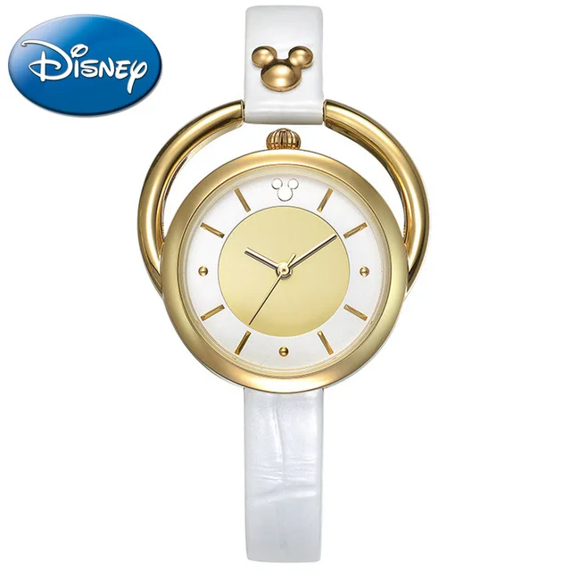 Disney Authorized Brand Luxury Women's Gold Watch Creative Rotating Ring Dial Fashion Ladies Dress Clock Leather Strap MK-11023