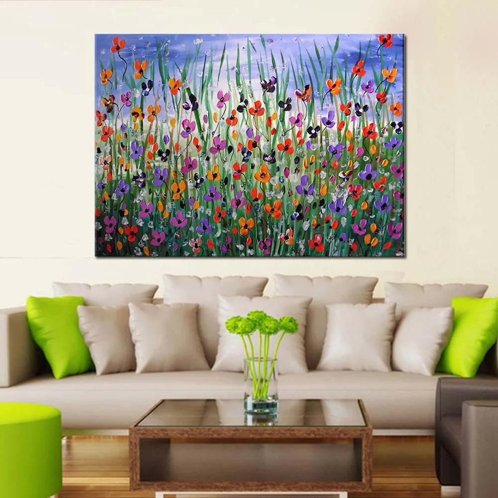 

Hand Painted Thick Impasto Flower Field Landscape Canvas Oil Painting Flower Landscape Wall Picture Living Room Home Wall Decor