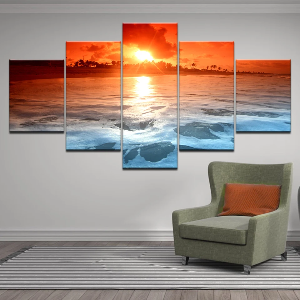 Wall Art Canvas Painting Living Room Modular HD Print Pictures 5 Pieces Blue Sea Beach Island sunset Seascape Posters Home Decor | Дом и сад