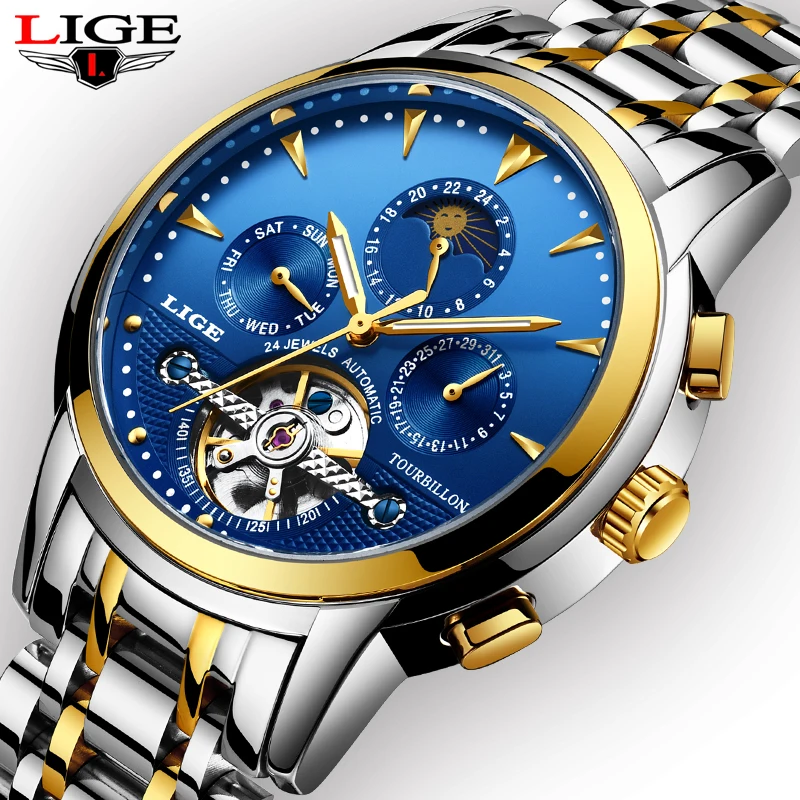 Relogio LIGE Для мужчин часы self ветер Tourbillon механические водонепроницаемость