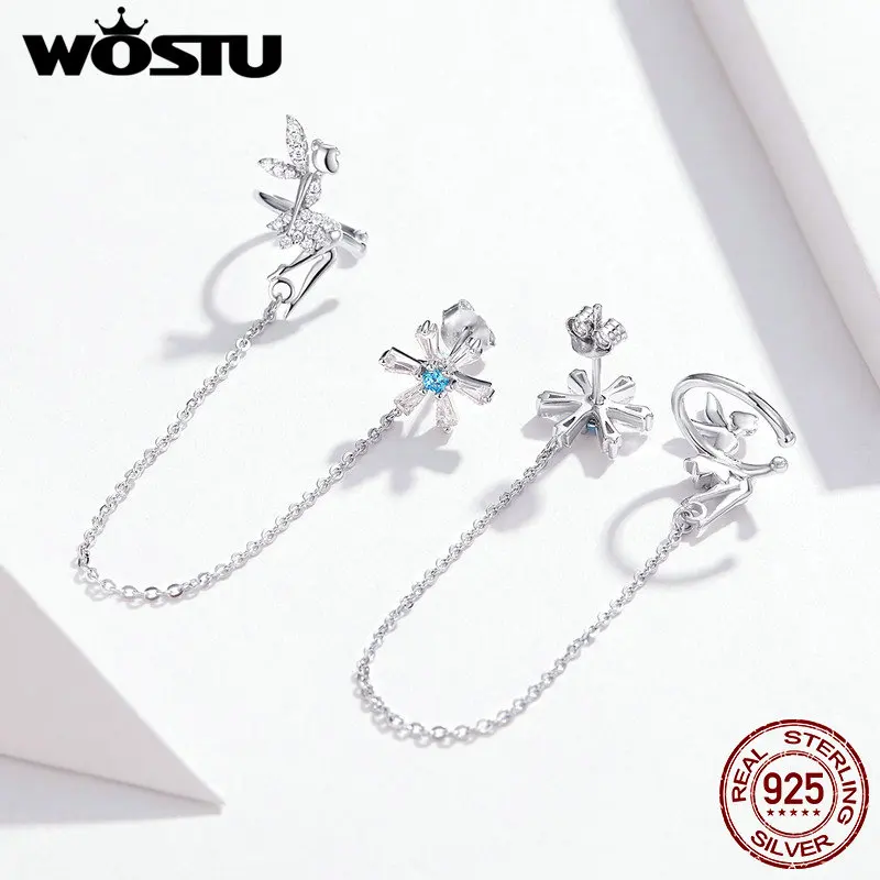 WOSTU серьги феи и цветка 100% Стерлинговое Серебро 925 пробы длинные для женщин циркон