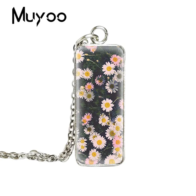 2019 New White Daisies Square Necklace Daisy Art Painting Pendant Class Dome Photo Jewelry | Украшения и аксессуары