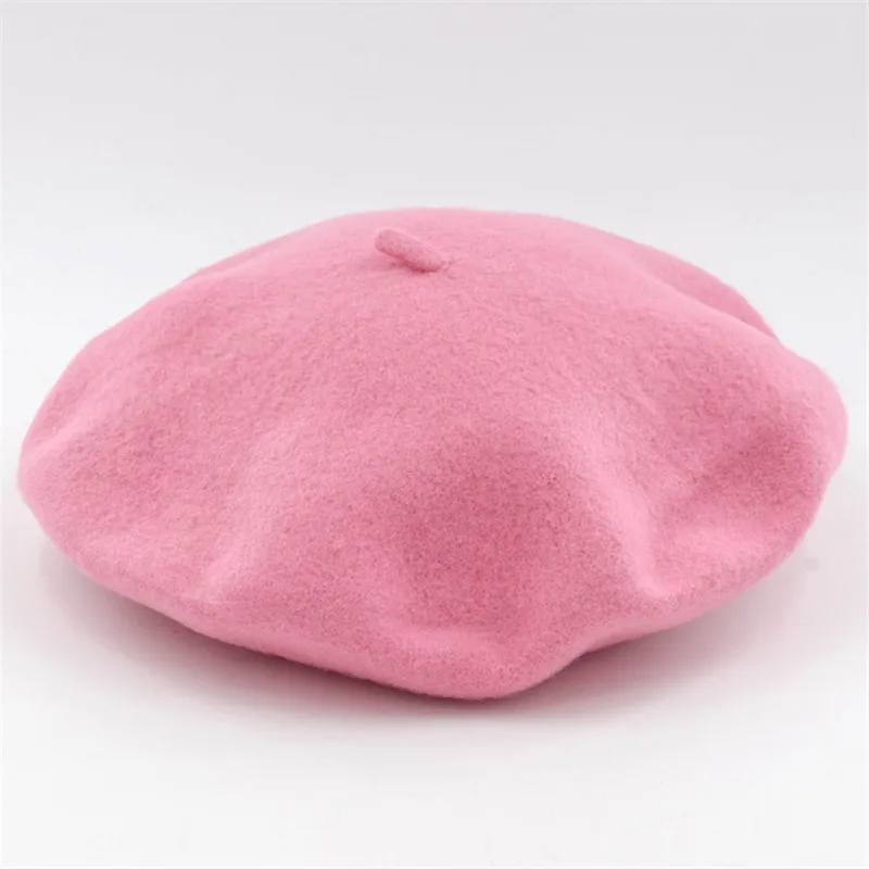 Pink Зимний изысканный Австралийский шерстяной Женский вязаный берет, теплый женский Британский стиль, женский берет художника, одноцветные шапки, горячая распродажа - Color: Pink