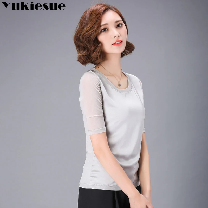 Женская футболка camisetas mujer 2018 летний топ с рукавом до локтя повседневная шелковая