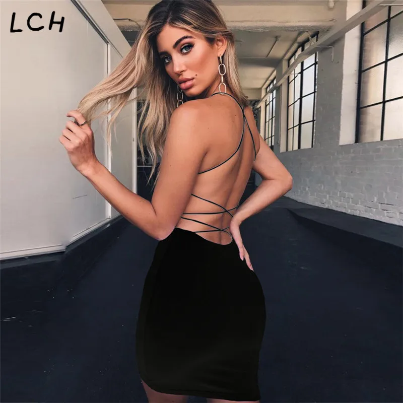 2019 New Summer Black And White Ladies Sexy Halter Sheath Dress Tight Solid Color Sleeveless Backless Beach | Женская одежда