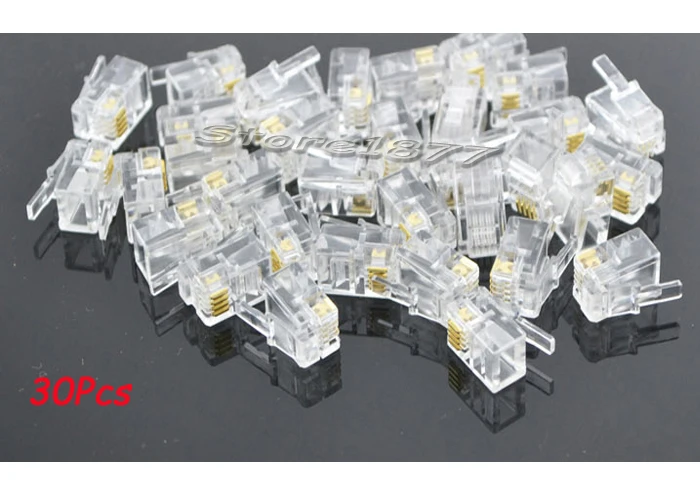 30 шт. 4 контактные концевые разъемы для телефонного кабеля RJ11 4P4C S408|4pin cable|plug