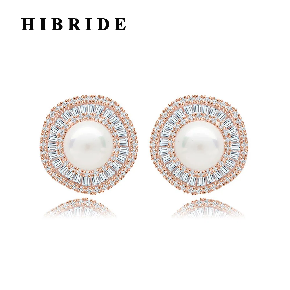 

HIBRIDE Luxury New Rose Gold Color Simulated-Pearl Stud Earrings For Women Jewelry Shiny Cubic Zirconia Wedding Earring E-255