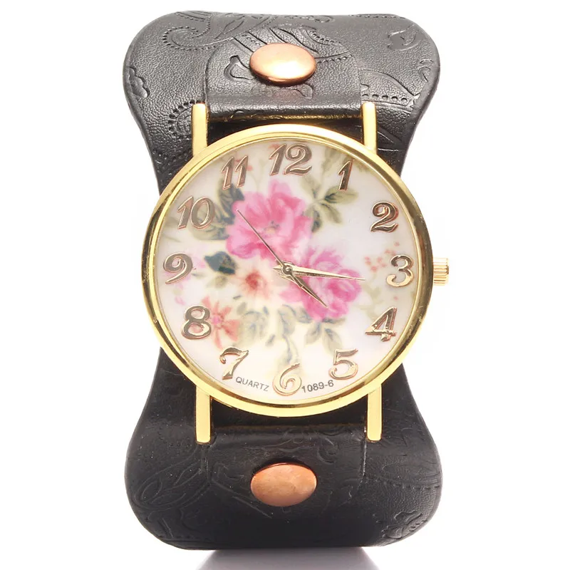 Новый 2015 Мода ЖЕНЕВА Старинные Пион Цветок Часы Женщины Кожа Кварцевые Платье