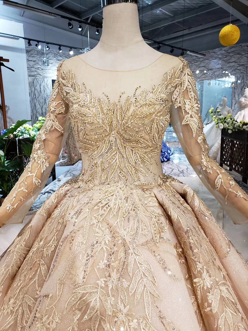 LS11555G золотистое свадебное платье с свадебной вуалью круглым вырезом длинным