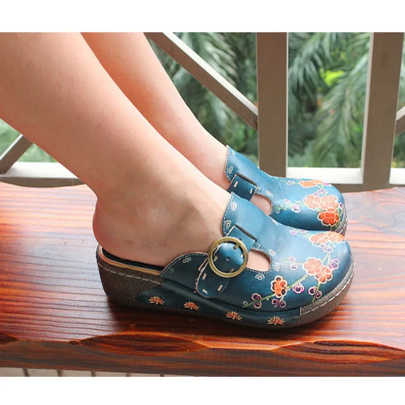 2019 summer new leather cowhide thick bottom flat sandals national candy color ladies home sponge cake slippers | Обувь