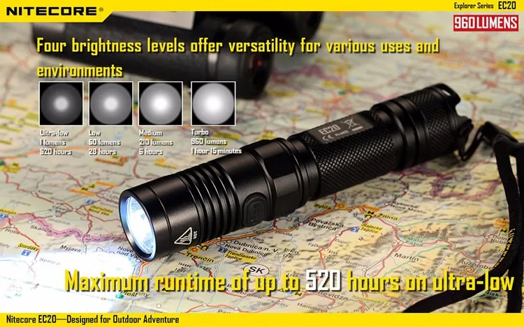 Topsale Nitecore EC20 CREE XM-L2 T6 светодиодный фонарик 960 люмен Водонепроницаемый 18650 портативный фонарь для походов и охоты