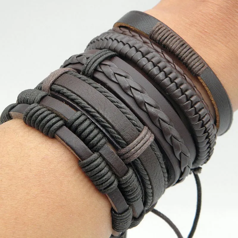 5pcs/set Trendy Male leather Braided Wrap bracelets Multilayer Men's Vintage Wristband Jewelry Brown Xmas Gift | Украшения и