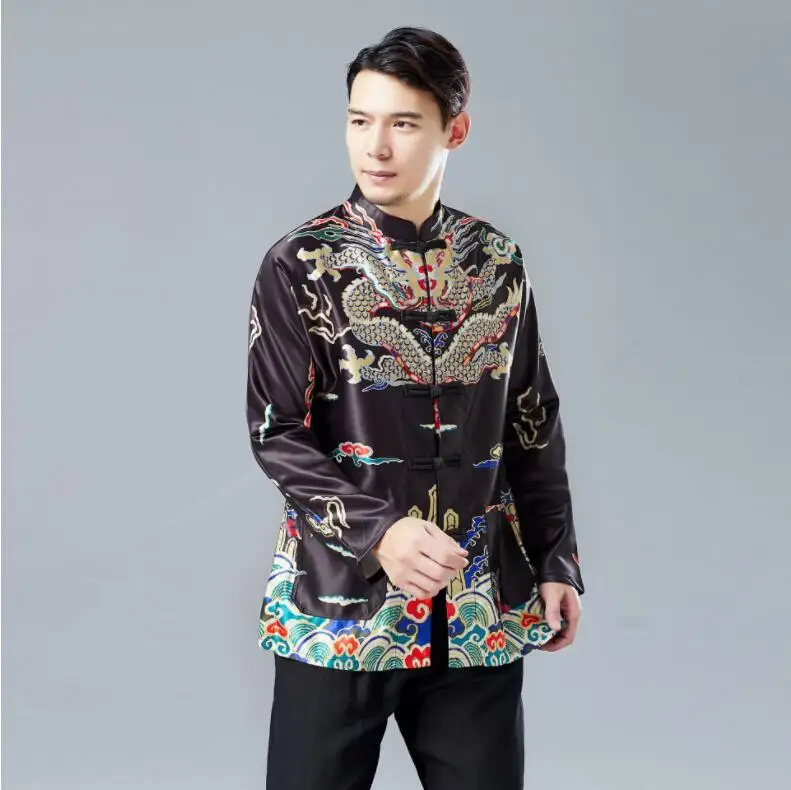 Long Sleeve Traditional Chinese Clothes Tang Suit Top Spring Summer Men Silk Embroidery Dragon Jacket Coat for Overseas | Тематическая