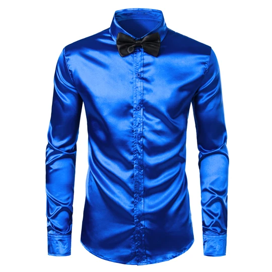 2 Men's Royal Blue Silk Satin Dress Shirts with White Bowtie New Slim Fit Long Sleeve Men Tuxedo Shirt for Party Wedding 3XL - Цвет: 2