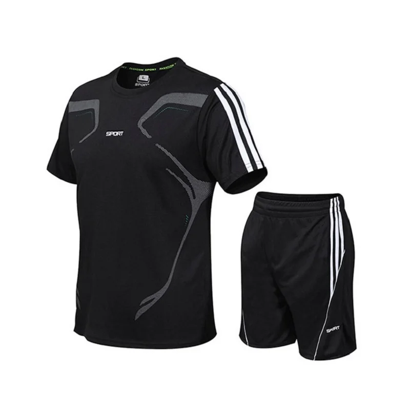 Black Set Плюс быстросохнущая футболка Rashgard Gym, Спортивная мужская футболка с коротким рукавом, футболка для фитнеса и шорты, спортивный костюм, футболка для футбола, баскетбола - Цвет: Black Set