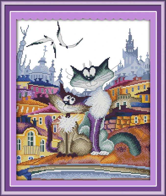 Прекрасные мультяшные кошки и Солнце: непослушная кошка DMC Счетный крестик набор для вышивки с нанесенным рисунком.