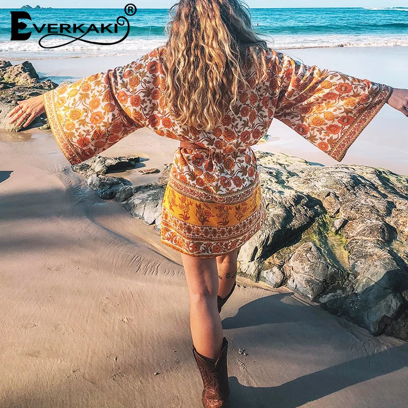 Everkaki Gypsy, цветочное кимоно, пальто, женские блузки, топы, хлопковые блузки, пальто для женщин,, богемная Женская одежда с поясом, осень
