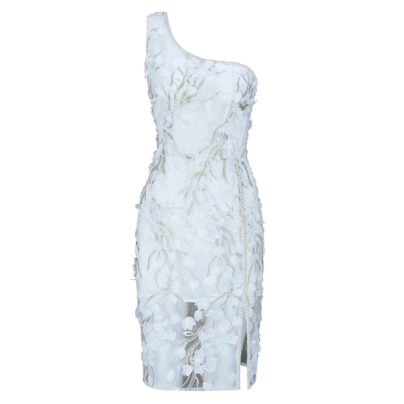 

INDRESSME 2019 Summer New One Shoulder Sleeveless Sexy Three-dimensional Flower Lace Split Women Party Bodycon Mini Dress