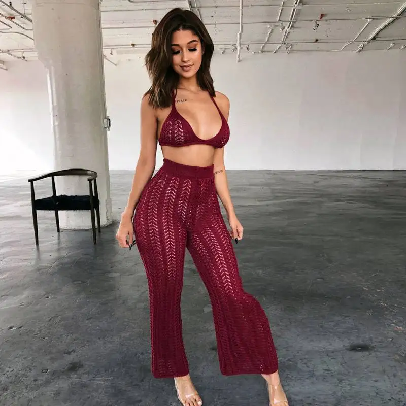 Hollow Out Knitted Fishnet 2 Piece Set Women Halter Backless Crop Tops + High Waist Transparent Wide Leg Pants Summer Tracksuit |