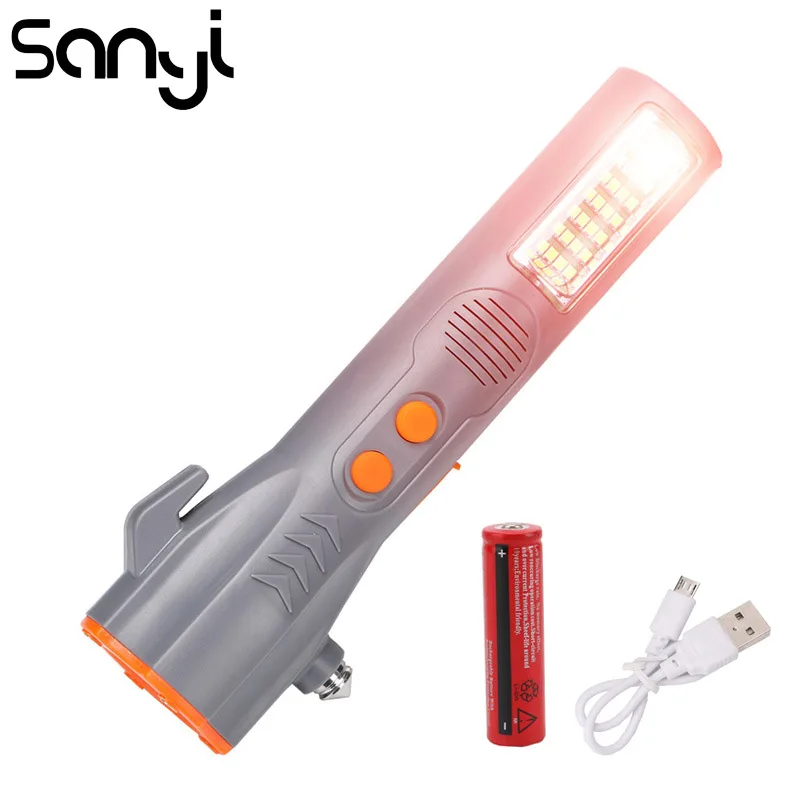 

SANYI Self Defense LED Tactical Vehicle Emergencies Flashlight 4 Modes Powerful Magnet Warning Torch Safety Hammer Lamp