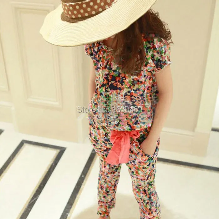 2015 Sport Free Shipping Brand New Kids Girls Clothing Set Floral Top + Flower Pants 2pcs Baby Shorts Blouse Summer Clothes | Детская