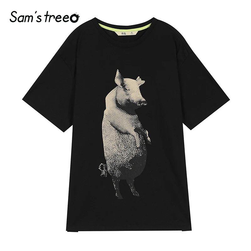 Samstree, хлопок, мультяшный принт, женские футболки, модные, круглый вырез, большие размеры, женские футболки, топы, лето, черная основа, женская футболка - Цвет: Черный