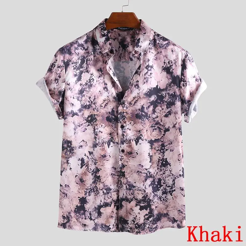 Khaki Shirt INCERUN шелковая атласная Мужская рубашка с цветочным принтом, с отворотом на шее, стильные брендовые рубашки с коротким рукавом, мужские мягкие винтажные рубашки - Цвет: Khaki Shirt