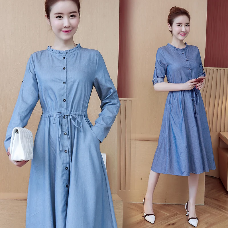 Spring and autumn Waist dress of denim women's wool Slim single-breasted with long sleeves Round collar casual jeans | Женская