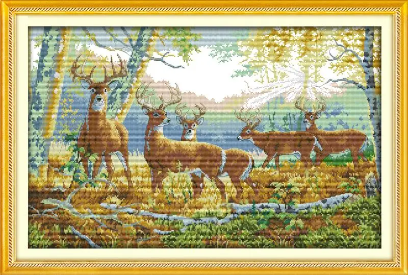 Five deers in forest-Friendship and harmony DIY Needlework DMC counted Cross Stitch Kits for Embroidery Knitting Needles Craft |