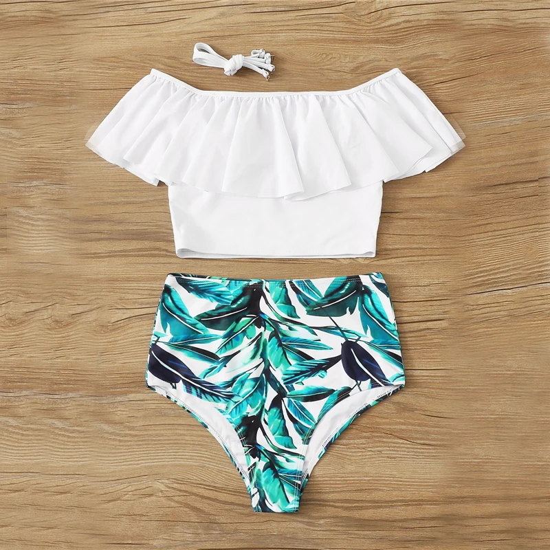 COLROVIE Off the Shoulder Flounce Bardot Top and Random Leaf Print Swimwear Women Bikini Set Swimsuit Boho Bathing Suit