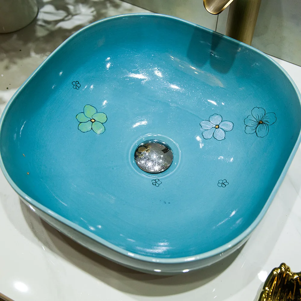 bathroom above counter basin ceramic vanity sink glaze blue flower bird LO6201128 | Обустройство дома