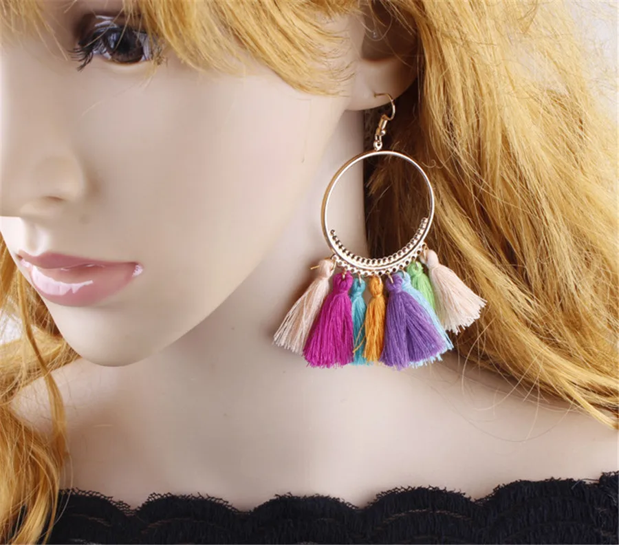 

TJP 2019 Ethnic Bohemian White Tassel Earrings Long Rope Fringes Cotton Sector Drop Dangle Earrings for Women Fashion Jewelry