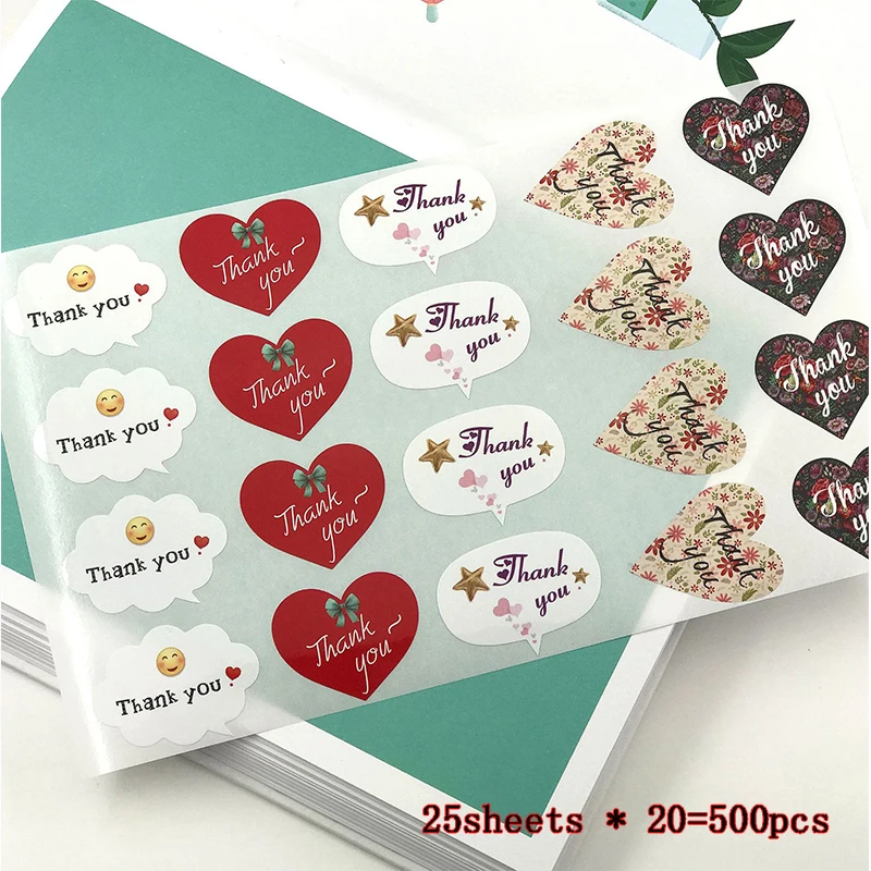 H 500pcs for 25sheet 600 шт/рулон, наклейки с надписью «Love Heart Thank You», этикетки для печати, декорированные цветами, Уплотнительная паста для упаковки подарков, офисные школьные принадлежности - Цвет: H 500pcs for 25sheet