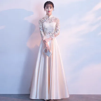 Champagne3 Шампанское кружевное китайское платье Qipao вечерние платья свадебное платье с разрезами по бокам и воротником-стойкой платье новое вечернее платье восточные Свадебные платья Vestido Размер 2XL - Цвет: Champagne3