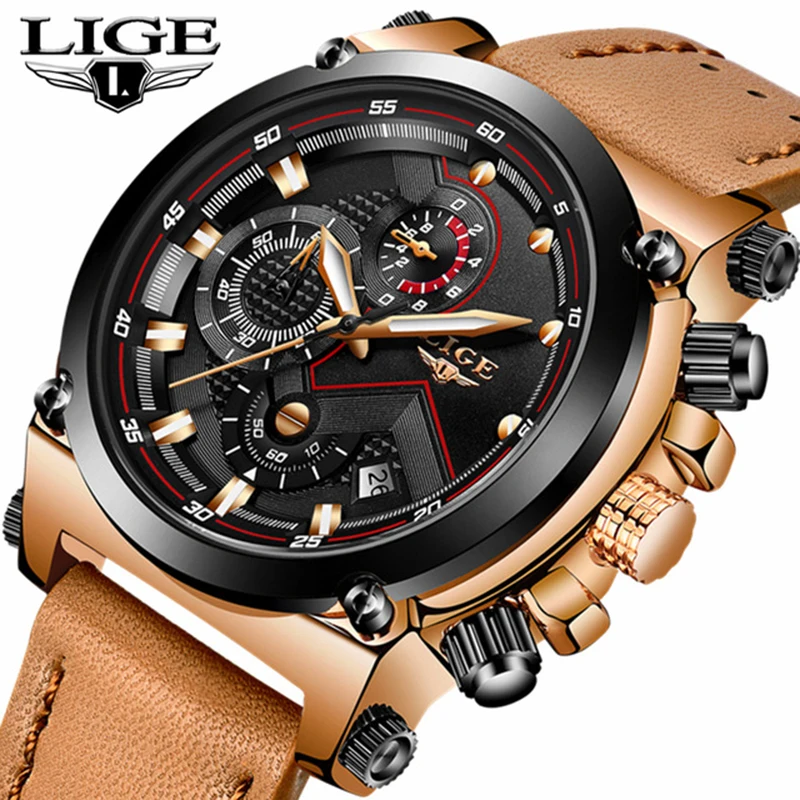 

LIGE Fashion Men Watches Top Brand Luxury Casual Quartz Sport Watch Men Waterproof Leather Military Wristwatch Relogio Masculino