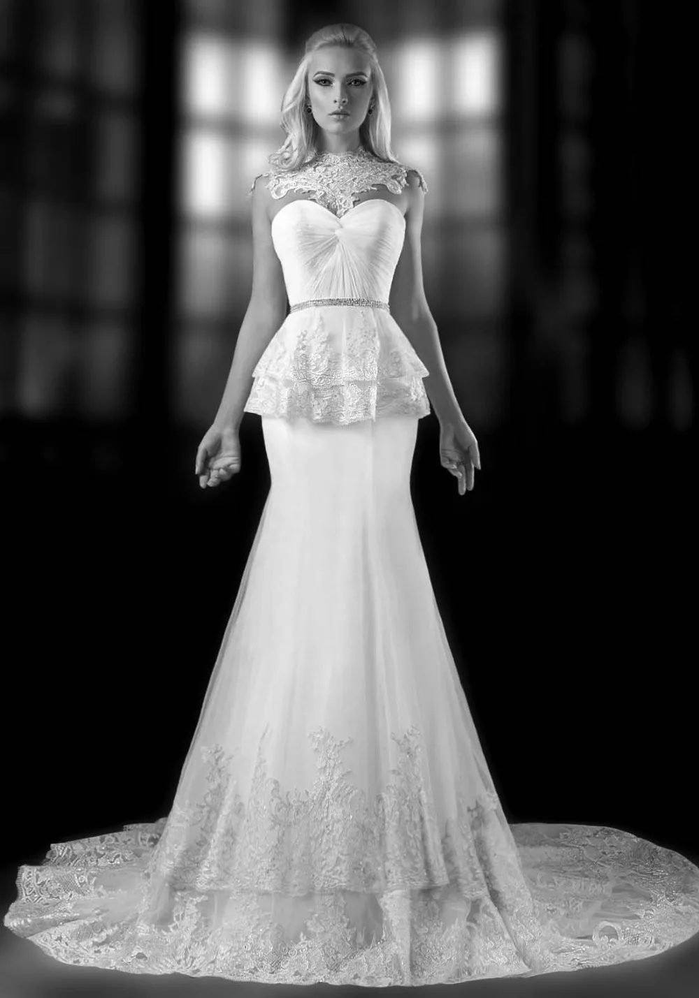 2014 New Aarrival Sexy Halter White Lacem2 In1 Wedding Dress Open Back Long Floor Length Sleeve Mermaid Plus Size | Свадьбы и