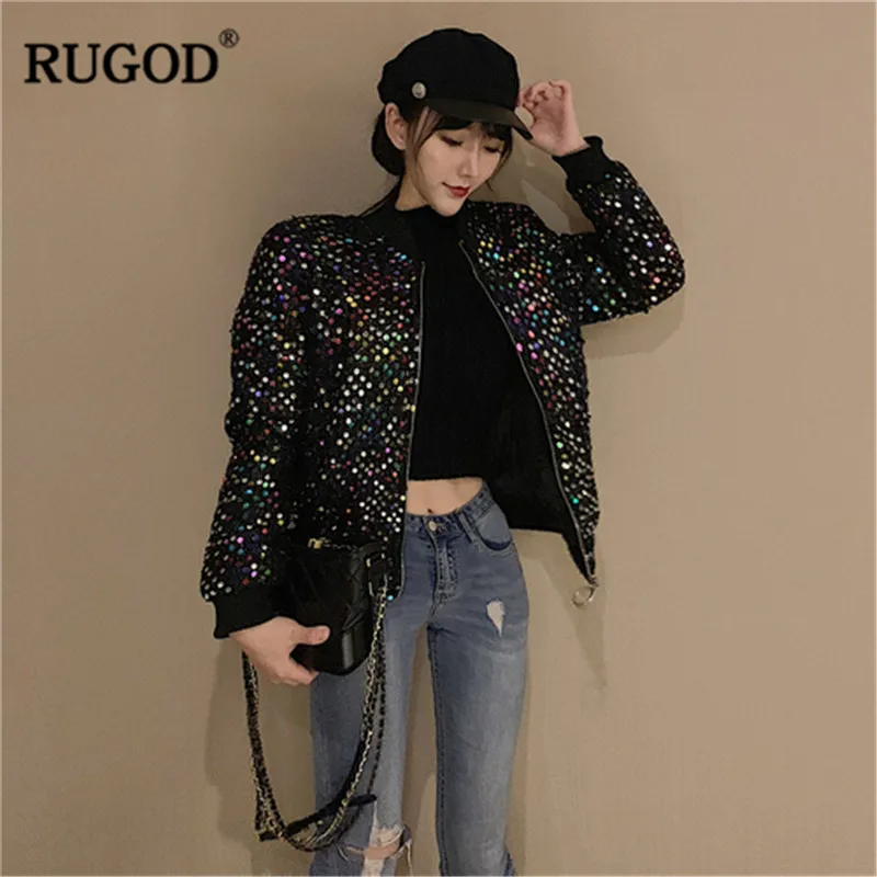 RUGOD корейский для женщин куртки и пальто мода бейсбол воротник блестками женский