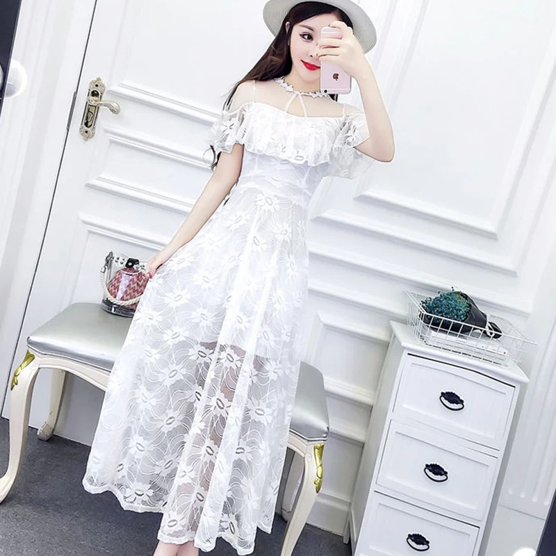 

Summer Round Neck Short-sleeved Dress Summer 2019 New Women's Sexy Lace Silk Yarn Party Beach Dresses