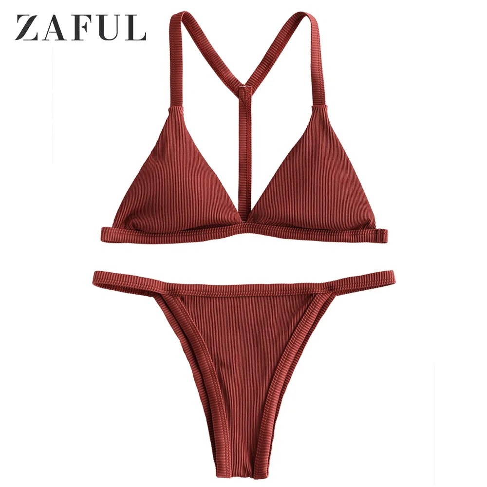 Женский купальник бикини в рубчик ZAFUL Y Back с эластичным поясом 2019| |