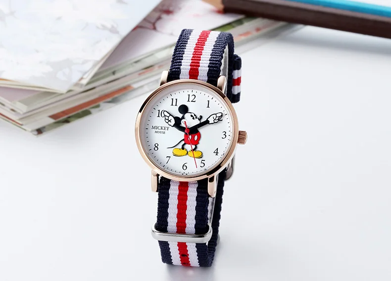Детские кварцевые наручные часы disney Mickey, классические нейлоновые часы-браслет с кожаным ремешком, детские часы Reloj для учеников начальной и средней школы